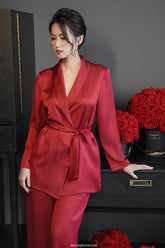 Wrap-Front Silk Top with Self-Tie Waist and Shawl Collar